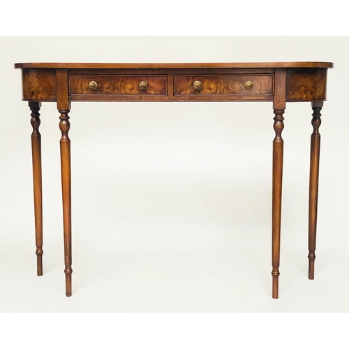 116 - HALL TABLE, George III design burr walnut and crossbanded with two frieze drawers and turned taperin... 