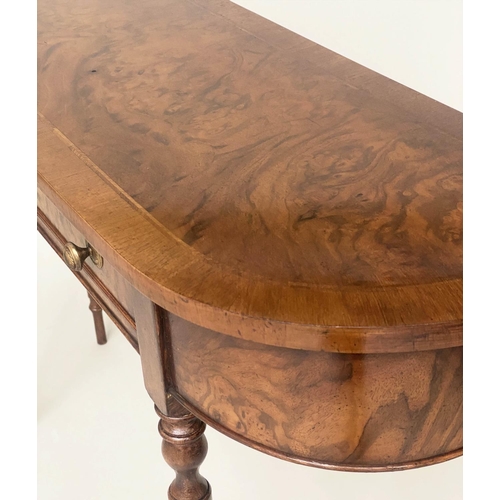 116 - HALL TABLE, George III design burr walnut and crossbanded with two frieze drawers and turned taperin... 