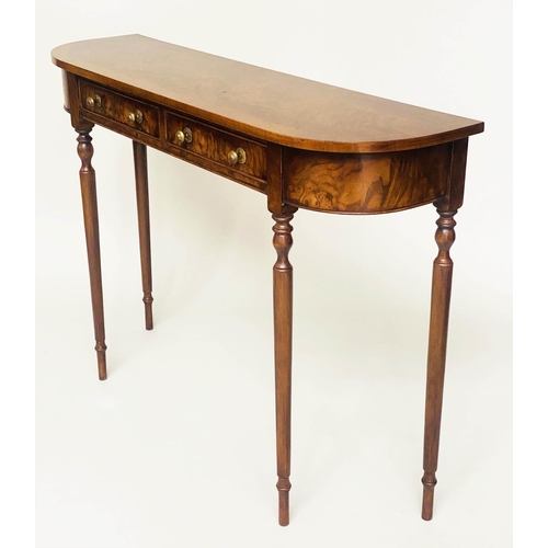 116 - HALL TABLE, George III design burr walnut and crossbanded with two frieze drawers and turned taperin... 