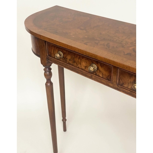 116 - HALL TABLE, George III design burr walnut and crossbanded with two frieze drawers and turned taperin... 