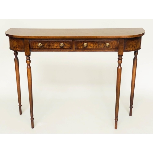 116 - HALL TABLE, George III design burr walnut and crossbanded with two frieze drawers and turned taperin... 