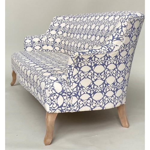 117 - SOFA, traditional smoke blue/cream floral silhouette printed cotton upholstered with swept supports,... 