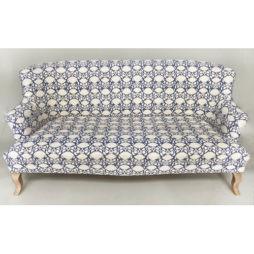 117 - SOFA, traditional smoke blue/cream floral silhouette printed cotton upholstered with swept supports,... 