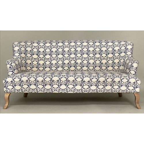 117 - SOFA, traditional smoke blue/cream floral silhouette printed cotton upholstered with swept supports,... 