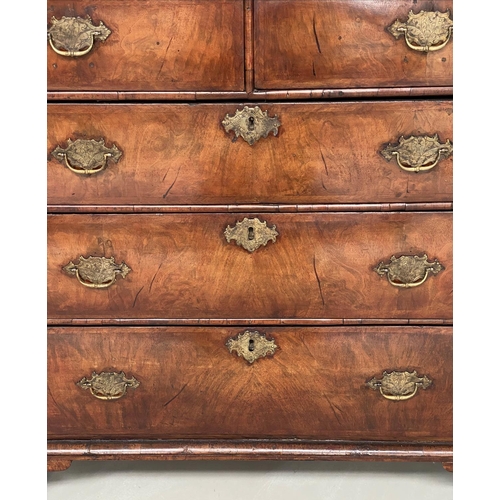 118 - CHEST, early 18th century English Queen Anne figured walnut and crossbanded, with two short above th... 