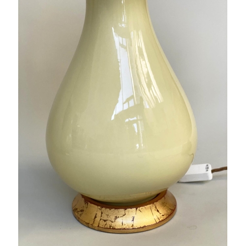 119 - TABLE LAMPS, a pair, 'Louisa' lemon yellow glazed ceramic of vase form with giltwood bases and spun ... 