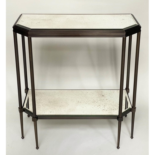 120 - CONSOLE TABLE, Art Deco style bronze forged metal with two tier glass shelves and canted corners, 88... 