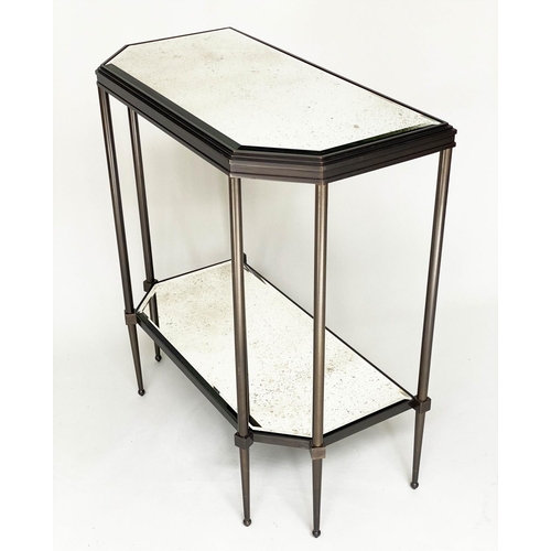 120 - CONSOLE TABLE, Art Deco style bronze forged metal with two tier glass shelves and canted corners, 88... 