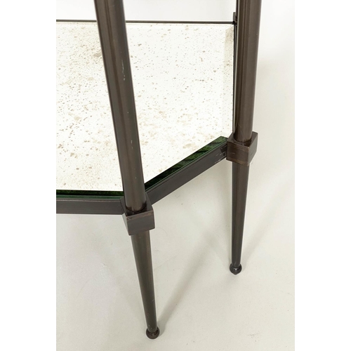 120 - CONSOLE TABLE, Art Deco style bronze forged metal with two tier glass shelves and canted corners, 88... 