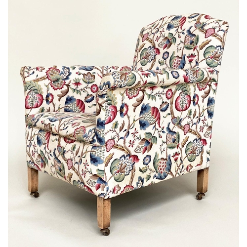 121 - ARMCHAIR, English early 20th century with crewel work style printed upholstery, 69cm W.