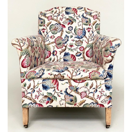 121 - ARMCHAIR, English early 20th century with crewel work style printed upholstery, 69cm W.