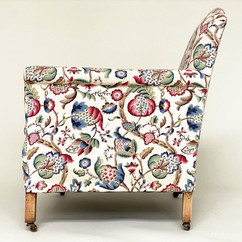 121 - ARMCHAIR, English early 20th century with crewel work style printed upholstery, 69cm W.