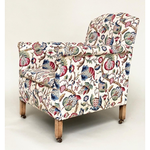 121 - ARMCHAIR, English early 20th century with crewel work style printed upholstery, 69cm W.