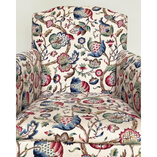 121 - ARMCHAIR, English early 20th century with crewel work style printed upholstery, 69cm W.