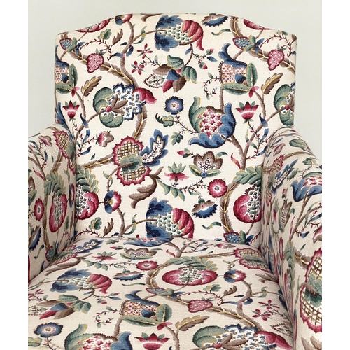 121 - ARMCHAIR, English early 20th century with crewel work style printed upholstery, 69cm W.