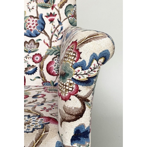 121 - ARMCHAIR, English early 20th century with crewel work style printed upholstery, 69cm W.