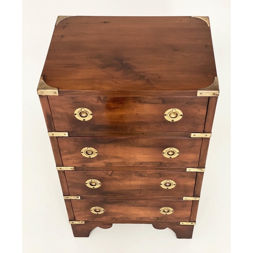 122 - CAMPAIGN STYLE BEDSIDE CHESTS, a pair, campaign style mahogany and brass bound each with four drawer... 