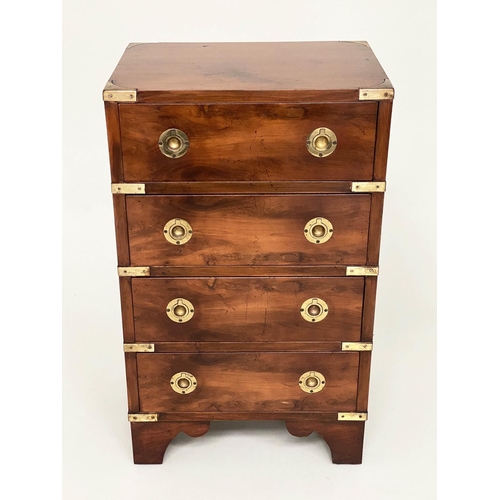 122 - CAMPAIGN STYLE BEDSIDE CHESTS, a pair, campaign style mahogany and brass bound each with four drawer... 