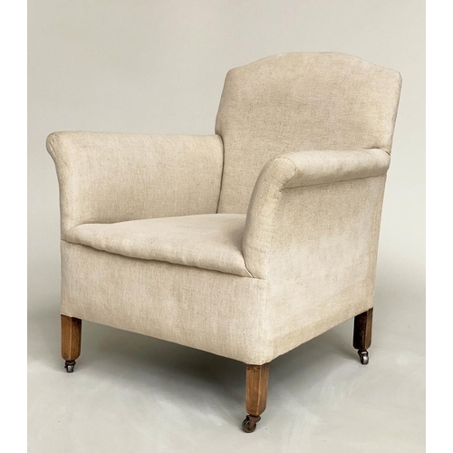 123 - ARMCHAIR, English early 20th century with linen upholstery, 69cm W.