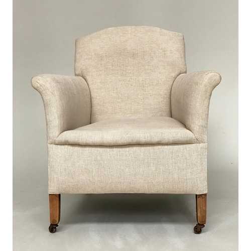 123 - ARMCHAIR, English early 20th century with linen upholstery, 69cm W.