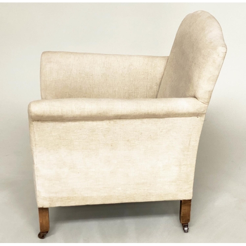 123 - ARMCHAIR, English early 20th century with linen upholstery, 69cm W.