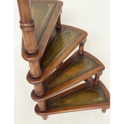 124 - LIBRARY STEPS, Georgian style mahogany with four tooled leather trimmed spiral steps and pole, 130cm... 