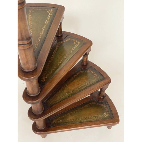 124 - LIBRARY STEPS, Georgian style mahogany with four tooled leather trimmed spiral steps and pole, 130cm... 