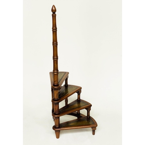 124 - LIBRARY STEPS, Georgian style mahogany with four tooled leather trimmed spiral steps and pole, 130cm... 