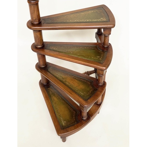 124 - LIBRARY STEPS, Georgian style mahogany with four tooled leather trimmed spiral steps and pole, 130cm... 