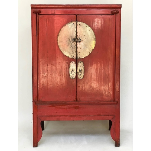 127 - MARRIAGE CABINET, 19th century Chinese scarlet lacquered and silvered metal mounted enclosing full h... 