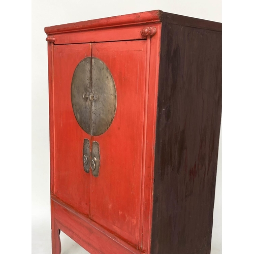 127 - MARRIAGE CABINET, 19th century Chinese scarlet lacquered and silvered metal mounted enclosing full h... 