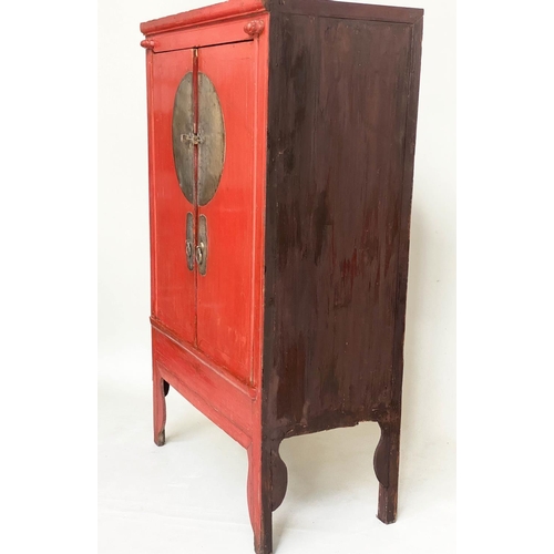 127 - MARRIAGE CABINET, 19th century Chinese scarlet lacquered and silvered metal mounted enclosing full h... 