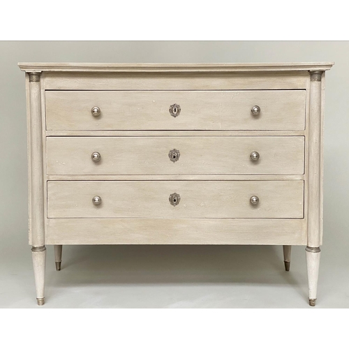 129 - COMMODE, French Empire style grey painted and silvered metal mounted with three long drawers, 112cm ... 