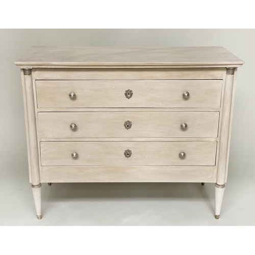 129 - COMMODE, French Empire style grey painted and silvered metal mounted with three long drawers, 112cm ... 