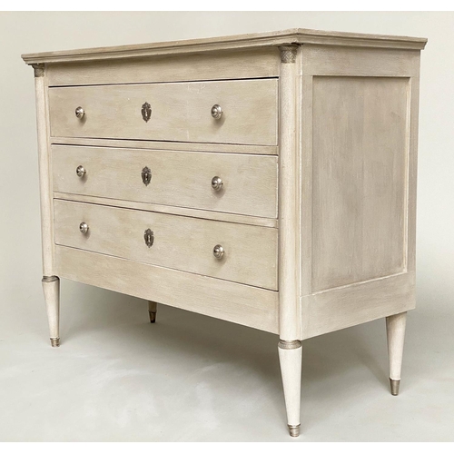 129 - COMMODE, French Empire style grey painted and silvered metal mounted with three long drawers, 112cm ... 