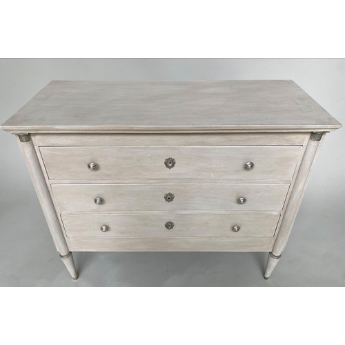 129 - COMMODE, French Empire style grey painted and silvered metal mounted with three long drawers, 112cm ... 