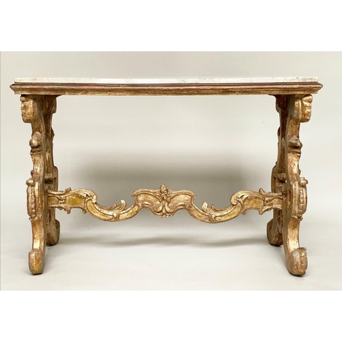 130 - CONSOLE TABLE, Italian carved giltwood with C scroll trestles united by a shaped stretcher and inset... 