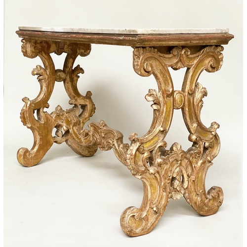 130 - CONSOLE TABLE, Italian carved giltwood with C scroll trestles united by a shaped stretcher and inset... 