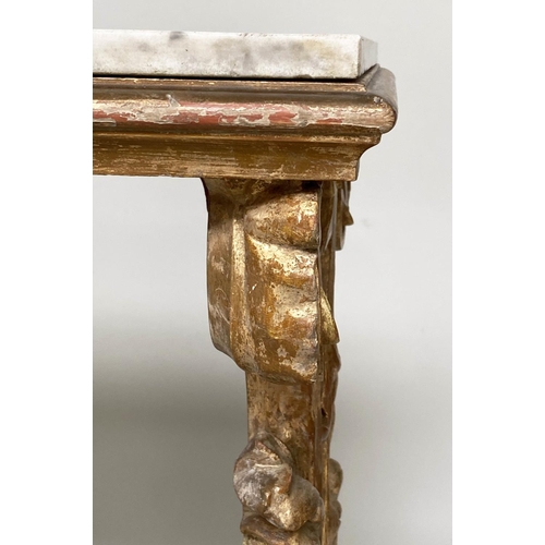 130 - CONSOLE TABLE, Italian carved giltwood with C scroll trestles united by a shaped stretcher and inset... 