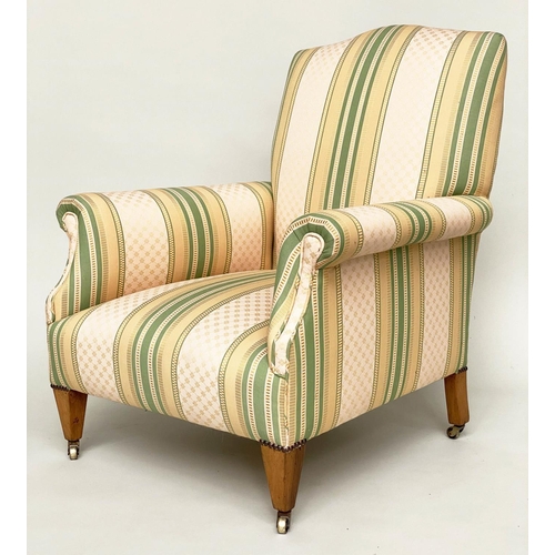 131 - ARMCHAIR, early 20th century Harvard style with scroll arms, tapering support and woven strip uphols... 