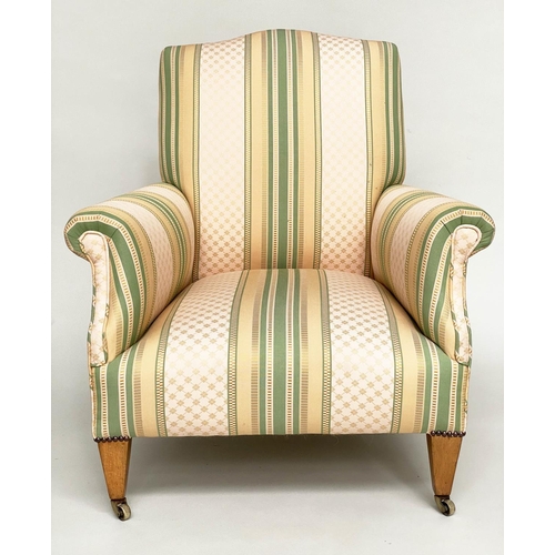 131 - ARMCHAIR, early 20th century Harvard style with scroll arms, tapering support and woven strip uphols... 