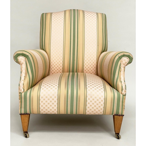 131 - ARMCHAIR, early 20th century Harvard style with scroll arms, tapering support and woven strip uphols... 