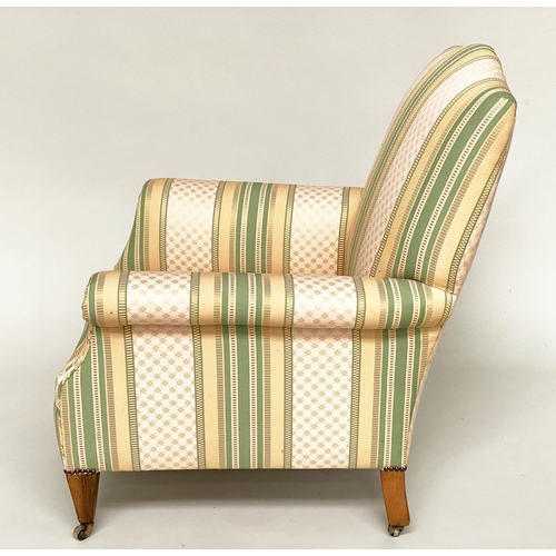 131 - ARMCHAIR, early 20th century Harvard style with scroll arms, tapering support and woven strip uphols... 