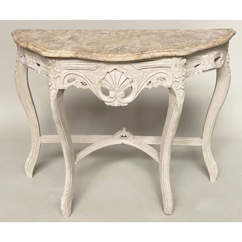 132 - CONSOLE TABLE, French Louis XV style carved and painted with marble top, 99cm x 80cm H x 34cm.