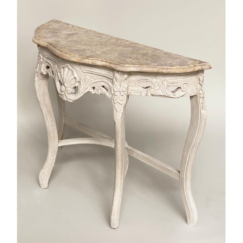 132 - CONSOLE TABLE, French Louis XV style carved and painted with marble top, 99cm x 80cm H x 34cm.