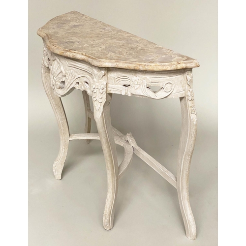 132 - CONSOLE TABLE, French Louis XV style carved and painted with marble top, 99cm x 80cm H x 34cm.