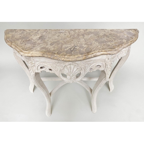 132 - CONSOLE TABLE, French Louis XV style carved and painted with marble top, 99cm x 80cm H x 34cm.