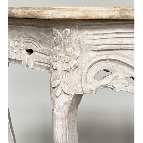 132 - CONSOLE TABLE, French Louis XV style carved and painted with marble top, 99cm x 80cm H x 34cm.