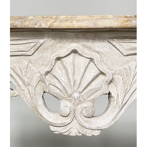 132 - CONSOLE TABLE, French Louis XV style carved and painted with marble top, 99cm x 80cm H x 34cm.