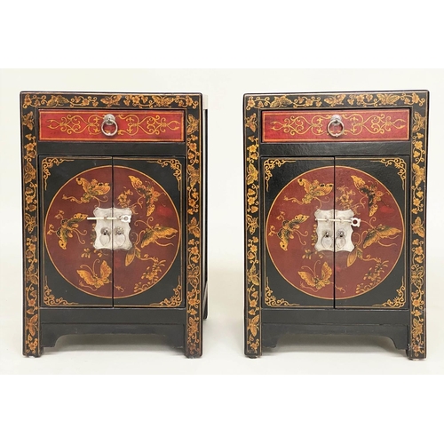 134 - CHINESE CABINETS, a pair, lacquered and gilt Chinoiserie decorated with silvered mounts, each with d... 